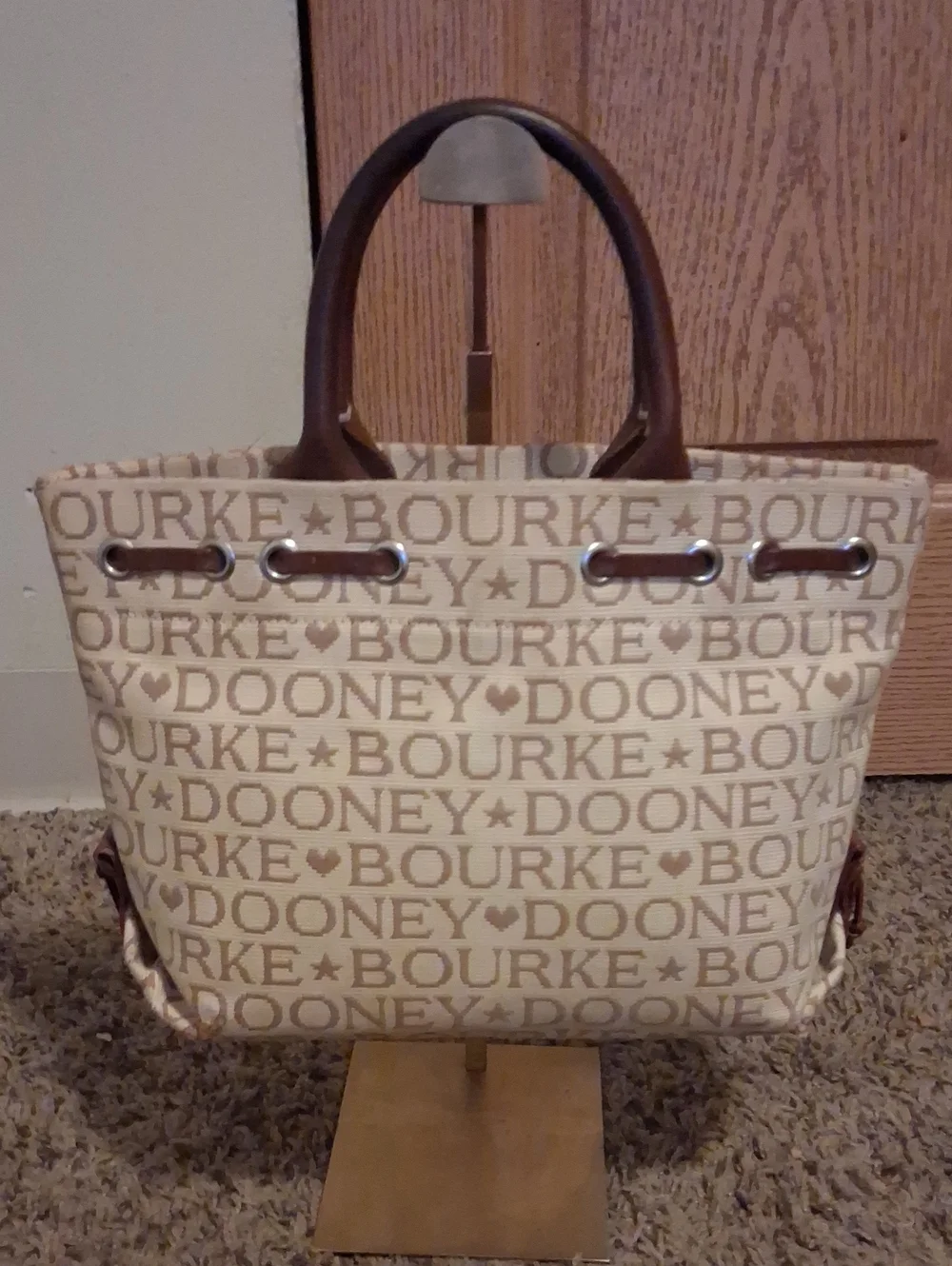 Dooney & Bourke Beige Logo Canvas Tote with Brown Leather Handles